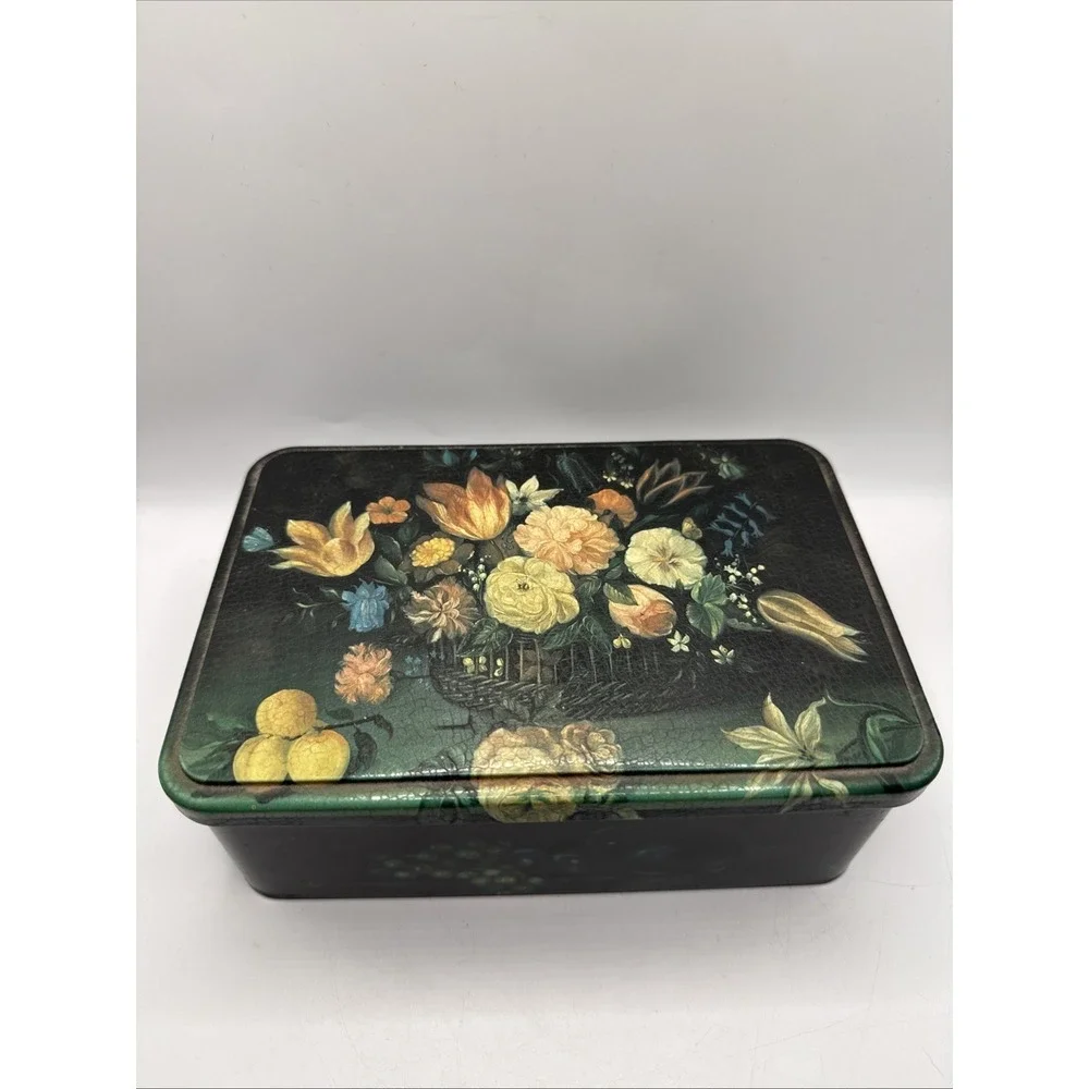 Massilly France Decorative Collectible Tin w/Hinged Lid Black w/Flowers & Fruit‎